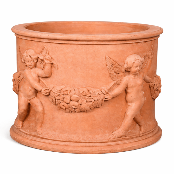 Großer massiver Terracotta-Zylinder aus Impruneta mit Putten – handgefertigte Eleganz mit eindrucksvollem Relief